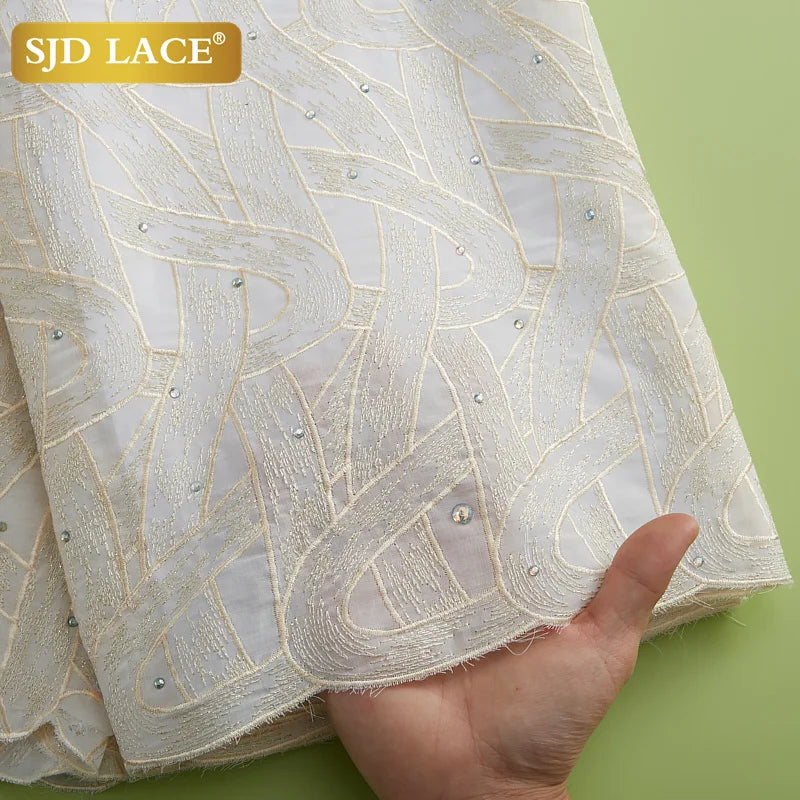 Tissu en dentelle africaine SJD LACE 5 mètres de long, tissu en dentelle suisse en coton nigérian avec pierres pour robe de soirée de mariage pour hommes A2971