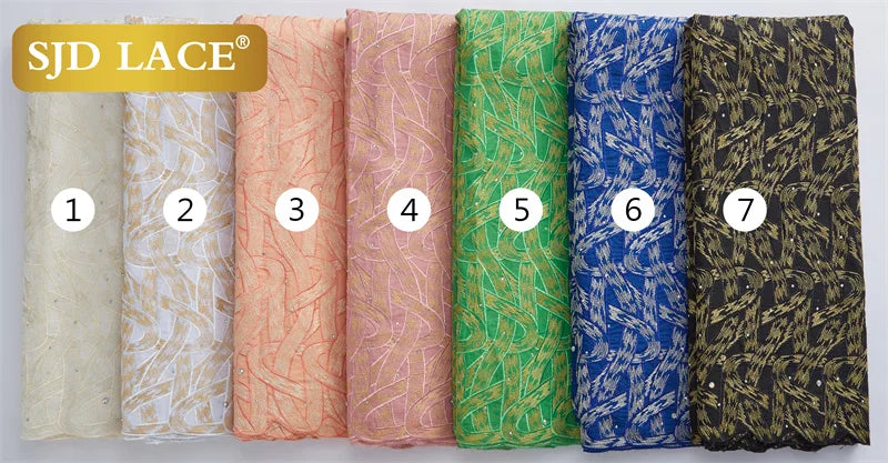 Tela de encaje africano SJD LACE de 5 yardas, tela de encaje de gasa suiza de algodón nigeriano con piedras para vestido de fiesta de boda para hombres A2971