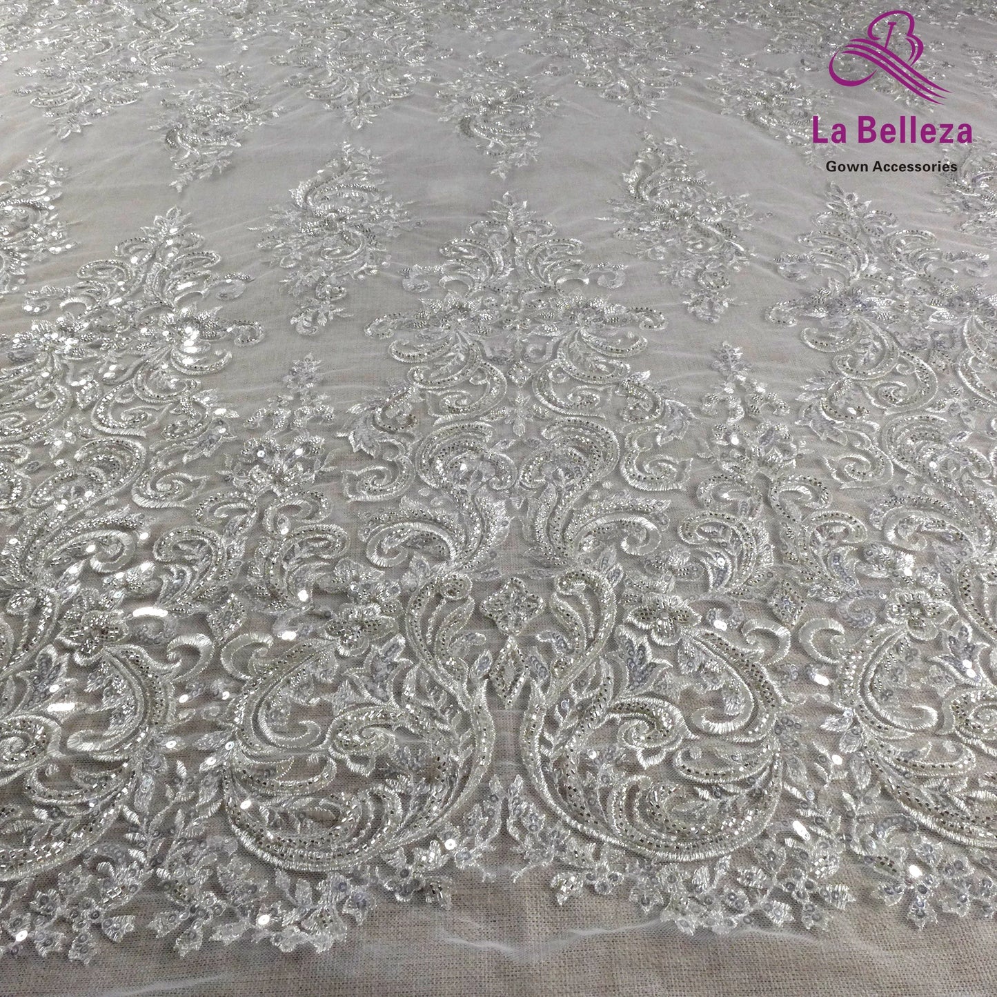 Dentelle de mariée tendance La Belleza 2021, tissu en dentelle à grands motifs, tissu en dentelle pour robe de mariée avec perles argentées, largeur 51'', 1 yard