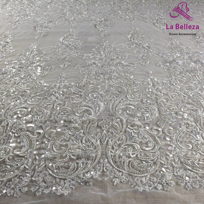 Dentelle de mariée tendance La Belleza 2021, tissu en dentelle à grands motifs, tissu en dentelle pour robe de mariée avec perles argentées, largeur 51'', 1 yard