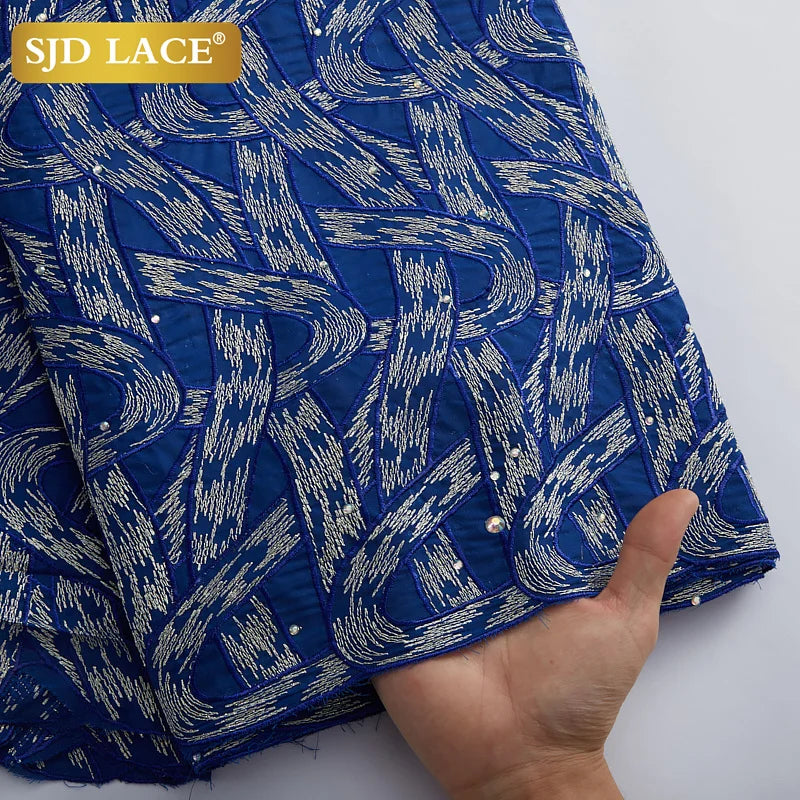 SJD LACE African Lace Fabric 5 Yards Nigerian Cotton Swiss Voile Lace Fabric With Stones For Men Wedding Party Dress A2971