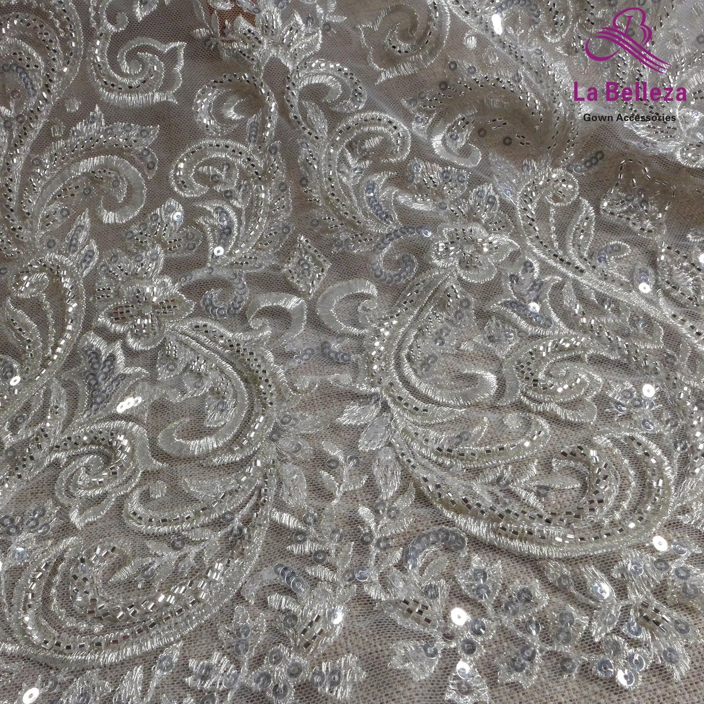 Dentelle de mariée tendance La Belleza 2021, tissu en dentelle à grands motifs, tissu en dentelle pour robe de mariée avec perles argentées, largeur 51'', 1 yard