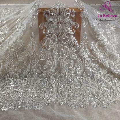 Dentelle de mariée tendance La Belleza 2021, tissu en dentelle à grands motifs, tissu en dentelle pour robe de mariée avec perles argentées, largeur 51'', 1 yard