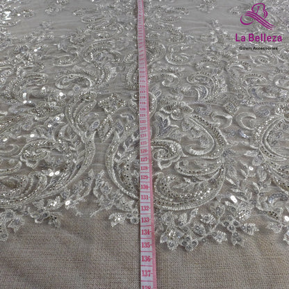 Dentelle de mariée tendance La Belleza 2021, tissu en dentelle à grands motifs, tissu en dentelle pour robe de mariée avec perles argentées, largeur 51'', 1 yard