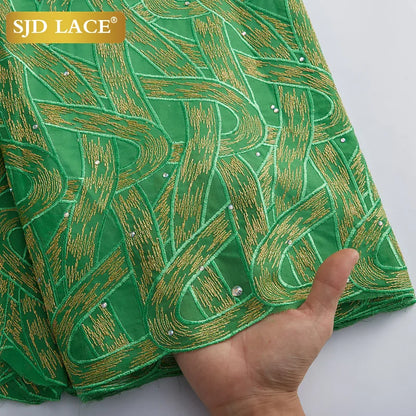 Tela de encaje africano SJD LACE de 5 yardas, tela de encaje de gasa suiza de algodón nigeriano con piedras para vestido de fiesta de boda para hombres A2971