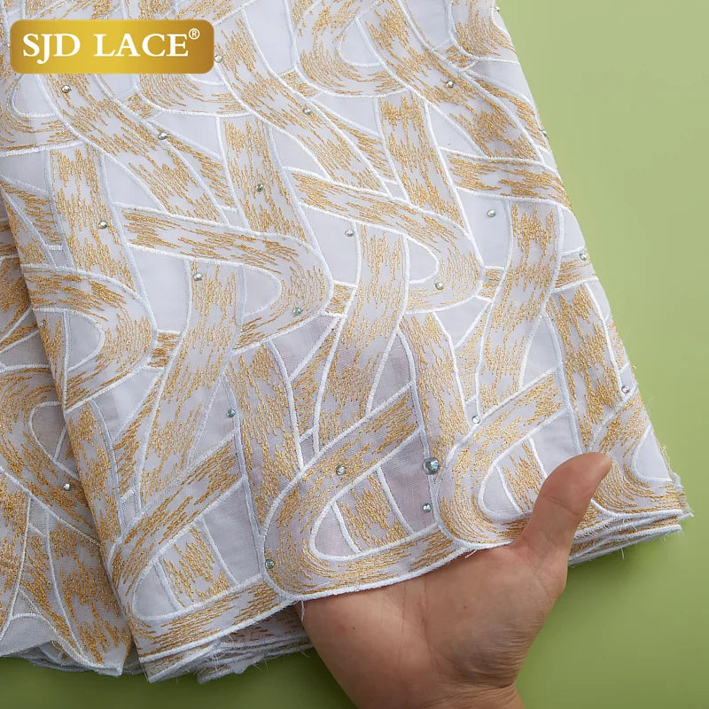 Tela de encaje africano SJD LACE de 5 yardas, tela de encaje de gasa suiza de algodón nigeriano con piedras para vestido de fiesta de boda para hombres A2971