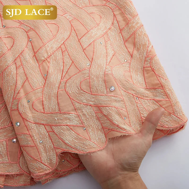 Tela de encaje africano SJD LACE de 5 yardas, tela de encaje de gasa suiza de algodón nigeriano con piedras para vestido de fiesta de boda para hombres A2971