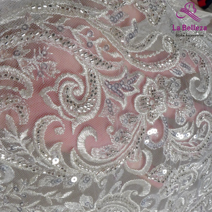 Dentelle de mariée tendance La Belleza 2021, tissu en dentelle à grands motifs, tissu en dentelle pour robe de mariée avec perles argentées, largeur 51'', 1 yard