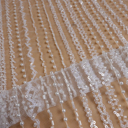 La Belleza fashion bridal lace,straight lines lace fabric,White beaded wedding dress lace fabric 51'' width 1 yard