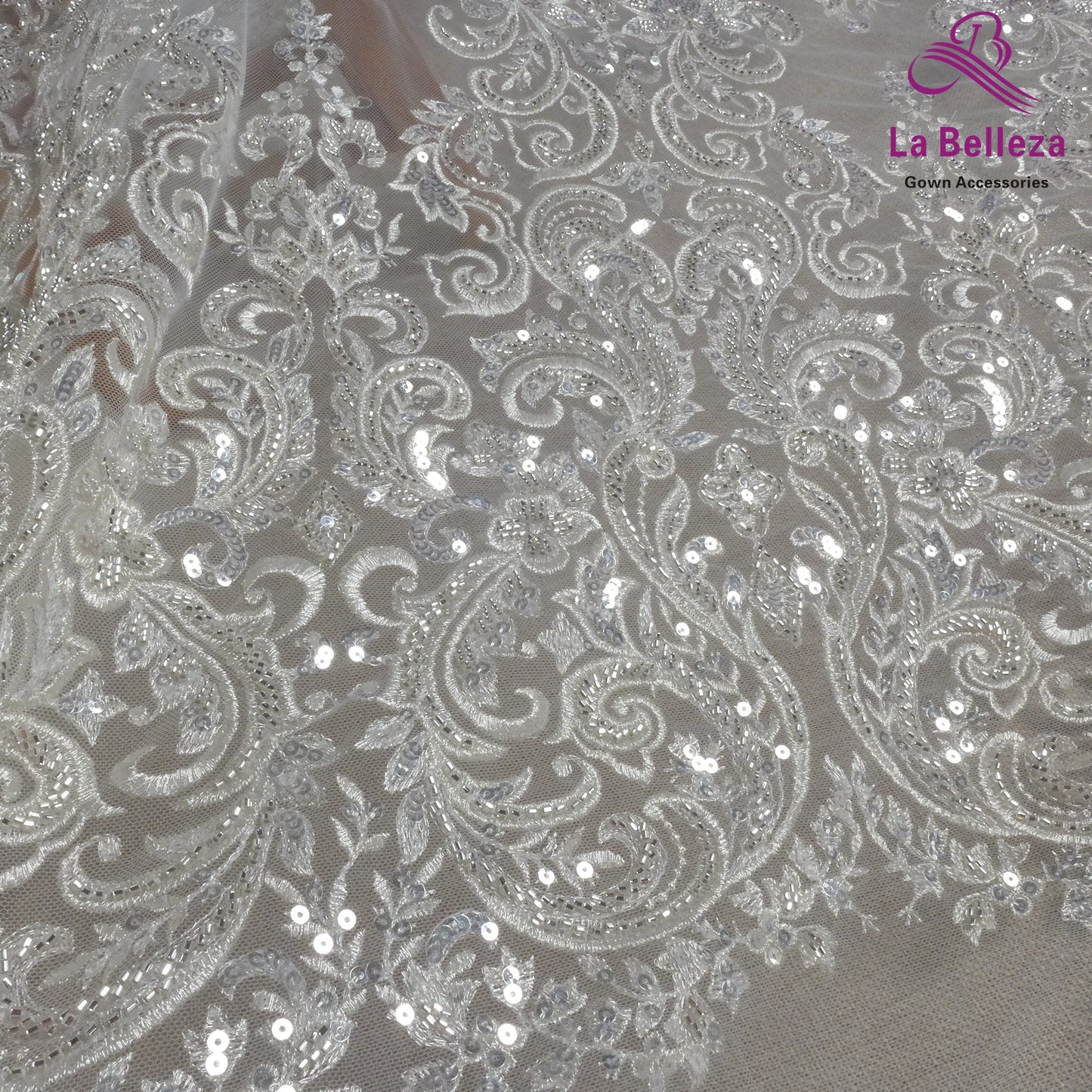 Dentelle de mariée tendance La Belleza 2021, tissu en dentelle à grands motifs, tissu en dentelle pour robe de mariée avec perles argentées, largeur 51'', 1 yard