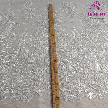 Dentelle de mariée tendance La Belleza 2021, tissu en dentelle à grands motifs, tissu en dentelle pour robe de mariée avec perles argentées, largeur 51'', 1 yard