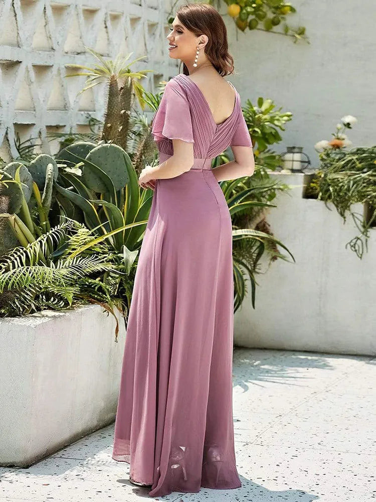 Vestidos de dama de honor de color rosa para mujer, largos, elegantes, de corte A, con escote en V doble, con volantes, de gasa, vestido formal para fiesta de boda, nuevo vestido largo de graduación