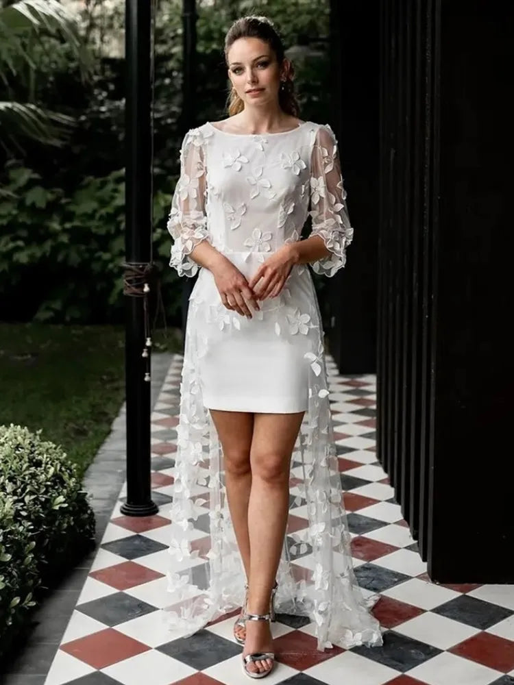 Robe de mariée courte simple avec traîne en dentelle, dos nu, longueur au sol, robe de mariée trois-quarts pour femmes