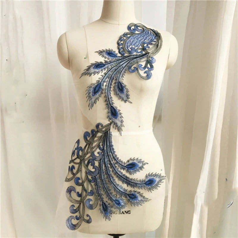 Blue Frence Fabric Lace Trimmings Sequins Patches Designs Appliques For Prom Ball Gown Wedding Dress Costumes Diy Party