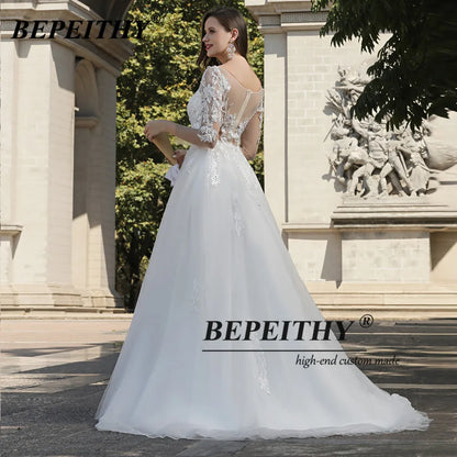 BEPEITHY Vestidos de novia de encaje marfil de línea A para novia Robe De Soiree Beach Vestidos de novia blancos de manga larga Vestidos de novia bohemios