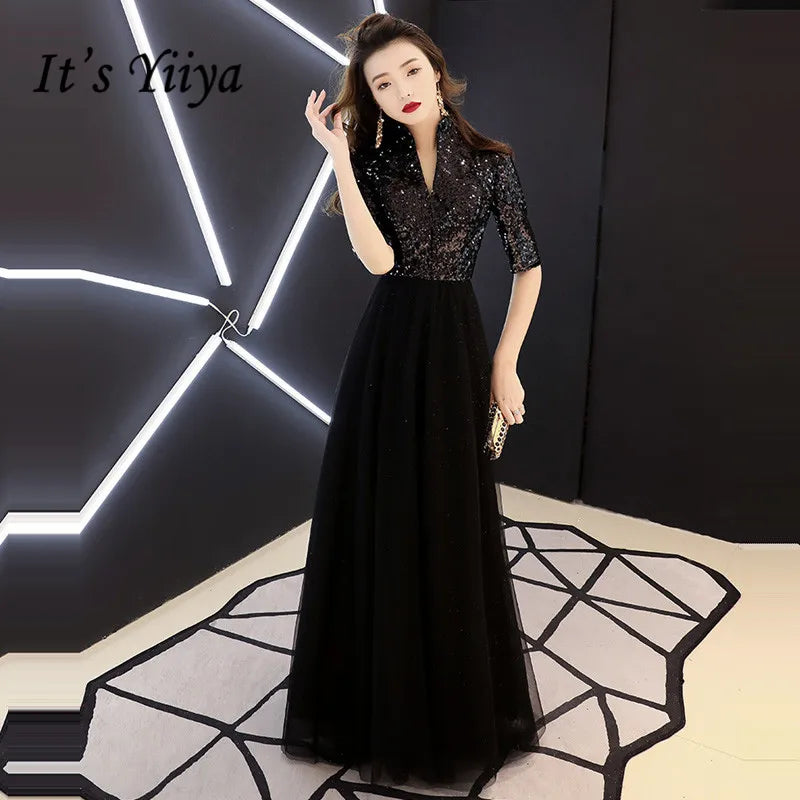 Sequins Simple Evening Dress Boat Neck Elegant Short Sleeves A-Line Zipper Back New Floor-Length Party Formal Dresses Woman B970