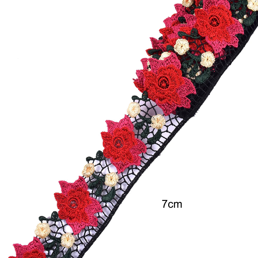 1Yard Red Pink Flower Embroidered Lace Edge Trim Ribbon Fabric Patchwork Wedding Dress DIY Sewing Supplies Craft