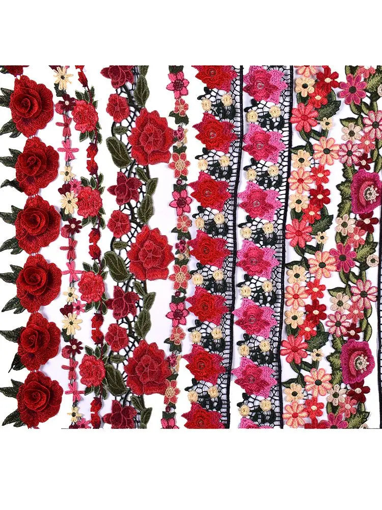 1 yarda de cinta de encaje con borde bordado con flores rojas y rosas, tela para patchwork, vestido de novia, suministros de costura para manualidades