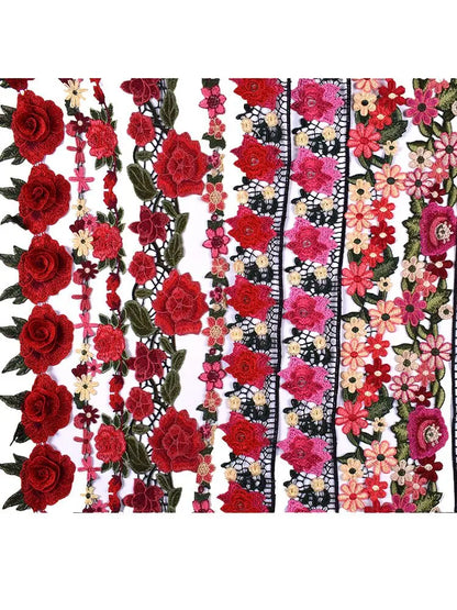 1 yarda de cinta de encaje con borde bordado con flores rojas y rosas, tela para patchwork, vestido de novia, suministros de costura para manualidades