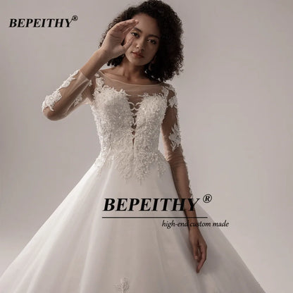 BEPEITHY Lace Wedding Dress 2022 Ball Gown Bridal Scoop Glittler Princess Ivory Long Sleeves Wedding Dresses For Bride New