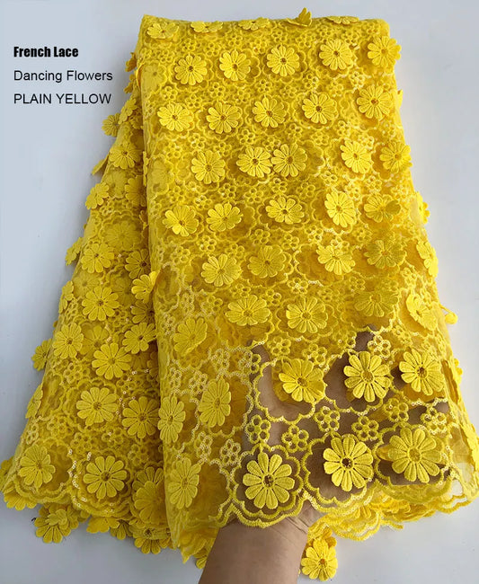 Tela de malla de encaje francés de baile africano brillante de 5 yardas de color amarillo liso con lentejuelas para vestido de novia de Ghana y Gambia de alta calidad