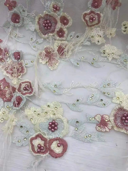 Tissu de robe de mariée exquis en pierre de travail manuel de haute qualité / broderie de plumes à la main en tulle français pour robes de soirée