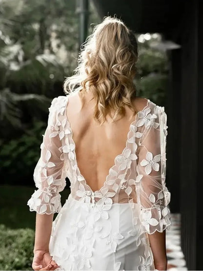 Vestido de novia corto sencillo con cola y apliques de encaje, sin espalda, largo hasta el suelo, vestido de novia de tres cuartos para mujer vestidos de novia