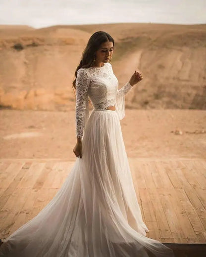 New Arrival Bohemian Two Piece Wedding Dresses 2024 Lace Long Sleeve Boho Rustic Country Wedding Dress Cheap Tassel Bridal Dress