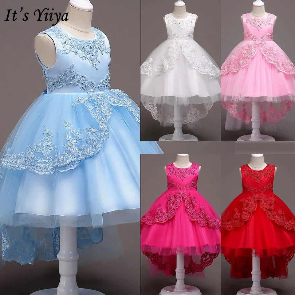 Es YiiYa Vestidos de niña de las flores para niñas Vestidos elegantes de comunión con lazo de encaje Vestidos de fiesta para niños Azul Blanco Rosa Rojo 584