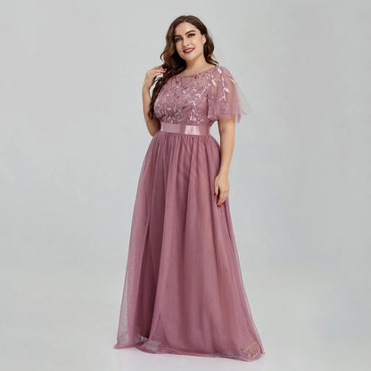 Women's Plus Size Mesh A-Line Sequin Embroidery Evening Dress Leaf  Maxi Prom Dress With Sleeves For Wedding Dress 2022