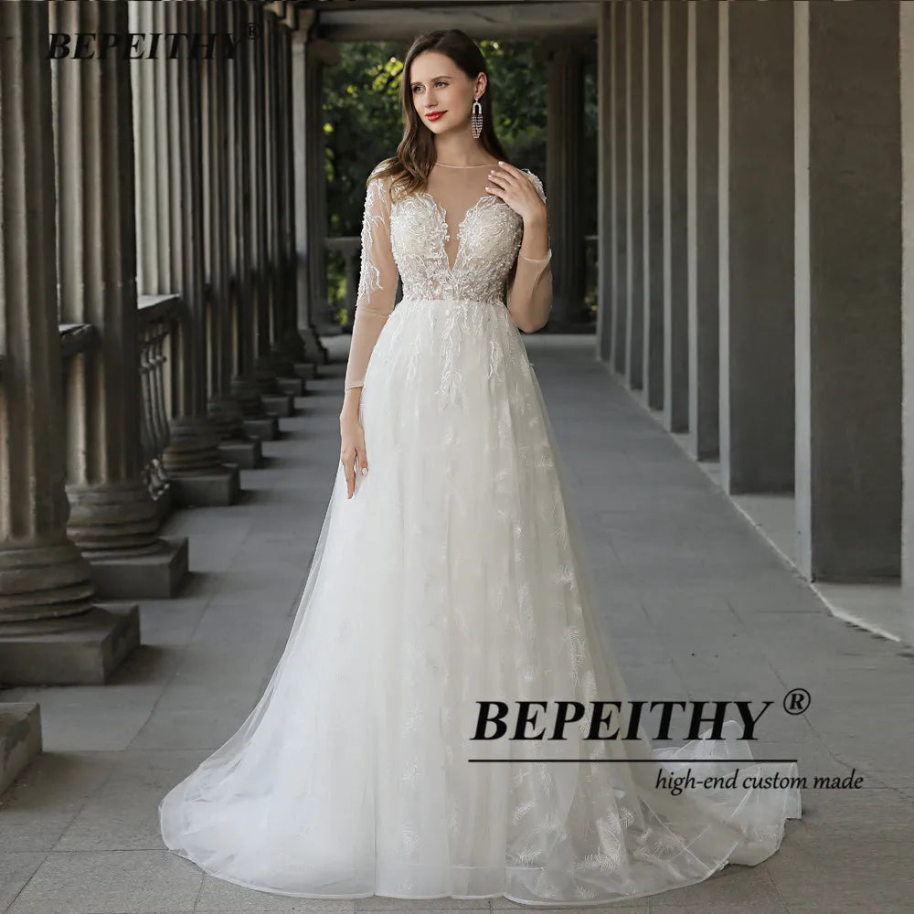 BEPEITHY O Neck Lace Skirt Wedding Dresses For Women Long Sleeves Open Back Sexy Boho A-line Bridal Gowns Vestidos De Novia