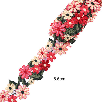 1Yard Red Pink Flower Embroidered Lace Edge Trim Ribbon Fabric Patchwork Wedding Dress DIY Sewing Supplies Craft