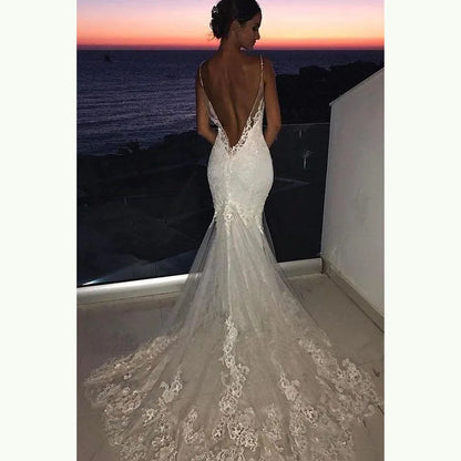 Vestidos de novia sexys de sirena blanca con encaje en la espalda abierta y tirantes finos con apliques, vestidos de novia elegantes de estilo vintage