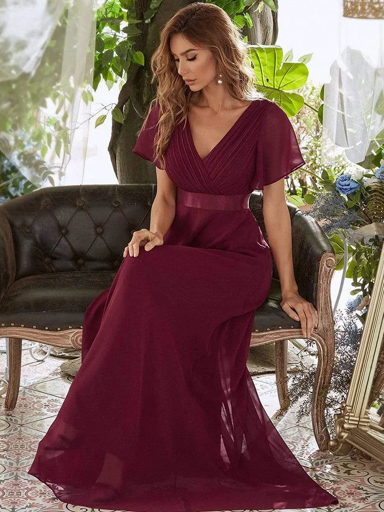 Vestidos de dama de honor de color rosa para mujer, largos, elegantes, de corte A, con escote en V doble, con volantes, de gasa, vestido formal para fiesta de boda, nuevo vestido largo de graduación