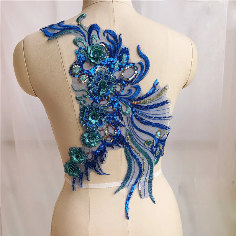 Blue Frence Fabric Lace Trimmings Sequins Patches Designs Appliques For Prom Ball Gown Wedding Dress Costumes Diy Party