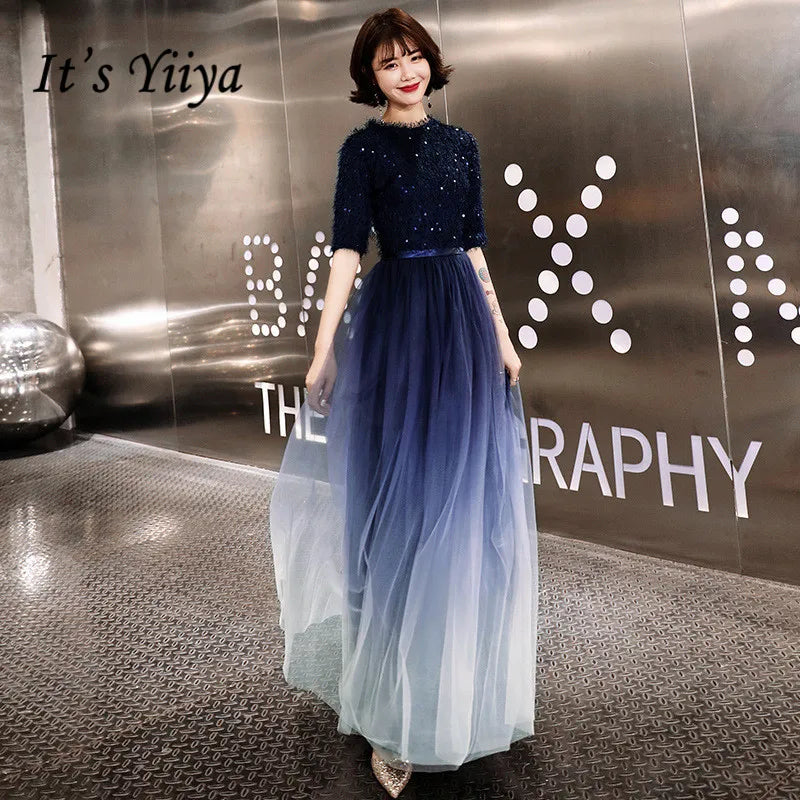 Sequins Simple Evening Dress Boat Neck Elegant Short Sleeves A-Line Zipper Back New Floor-Length Party Formal Dresses Woman B970