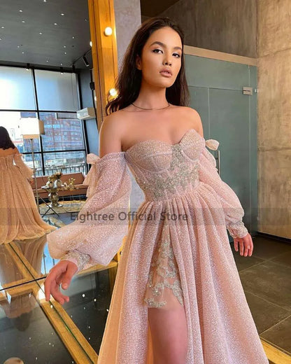 Eightree Pink Wedding Dresses 2021 Puff Long Sleeve Bride Dress Split Side A Line Sexy Beach Wedding Gowns Robe de Mariee