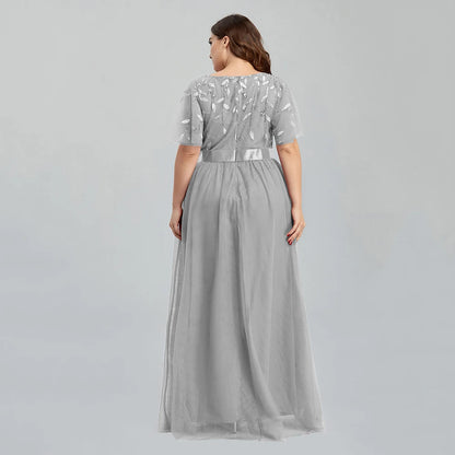 Robe de soirée grande taille en maille A-Line à paillettes brodées, robe de bal longue à feuilles avec manches pour robe de mariée 2022