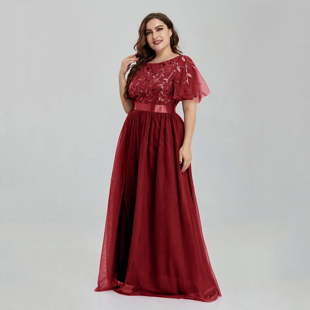 Robe de soirée grande taille en maille A-Line à paillettes brodées, robe de bal longue à feuilles avec manches pour robe de mariée 2022