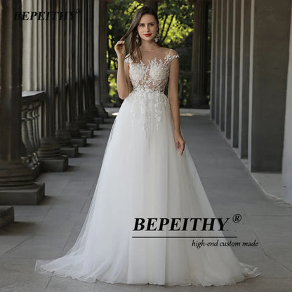 BEPEITHY A Line Cap Sleeves Boho Wedding Dresses 2023 Vestidos De Novia O Neck Lace Sexy Boho Bridal Beach Gown Suknia Slubna