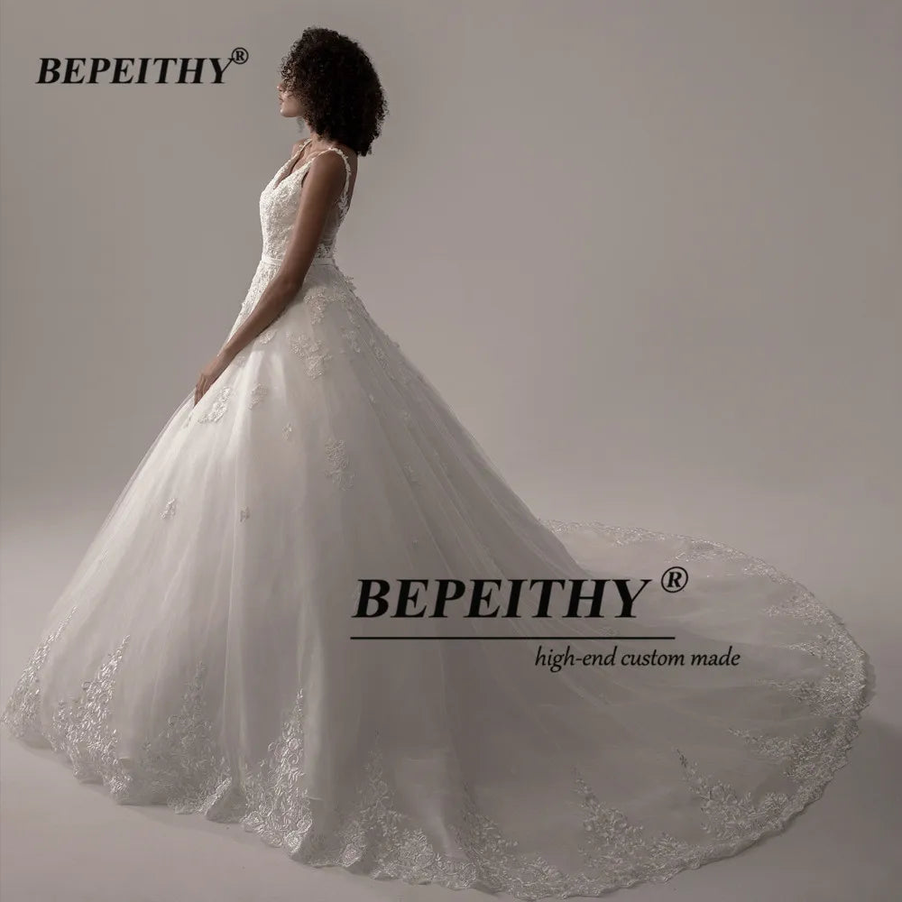 BEPEITHY V Neck Ball Gown Wedding Dress For Women Backless Organza Spaghetti Straps Lace Wedding Gown For Bride 2022 New Arrival