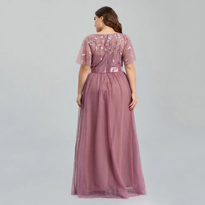 Robe de soirée grande taille en maille A-Line à paillettes brodées, robe de bal longue à feuilles avec manches pour robe de mariée 2022