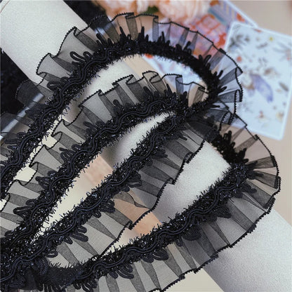 Hot Sale Black Shiny Pleated Lace For Crafts Ribbon DIY Wedding Dress Bag Hat Headwear Skirt Clothes Sewing Material Accessories