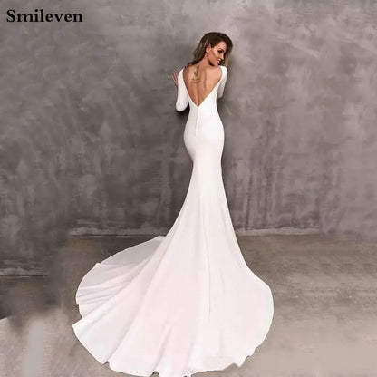 Smileven Mermaid Wedding Dresses Long Sleeve Elegant Boho Satin Bride Dress Wedding Gowns 2020 Vestido De Noiva