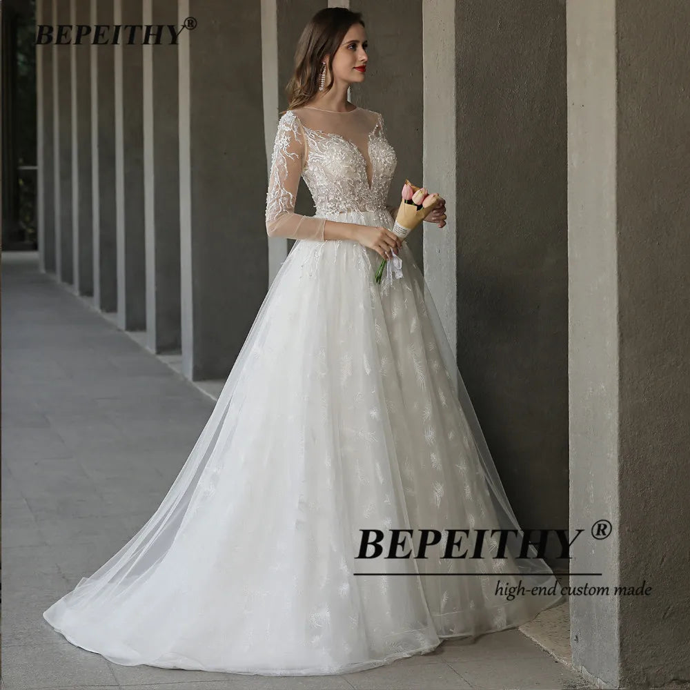 BEPEITHY O Neck Lace Skirt Wedding Dresses For Women Long Sleeves Open Back Sexy Boho A-line Bridal Gowns Vestidos De Novia