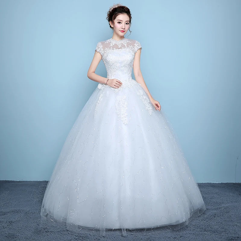 Wedding Dresses Illusion O-Neck Short Embroidery Sequined Lace Tulle Backless Luxury White Floor-Length Women Bridal Gown FB685