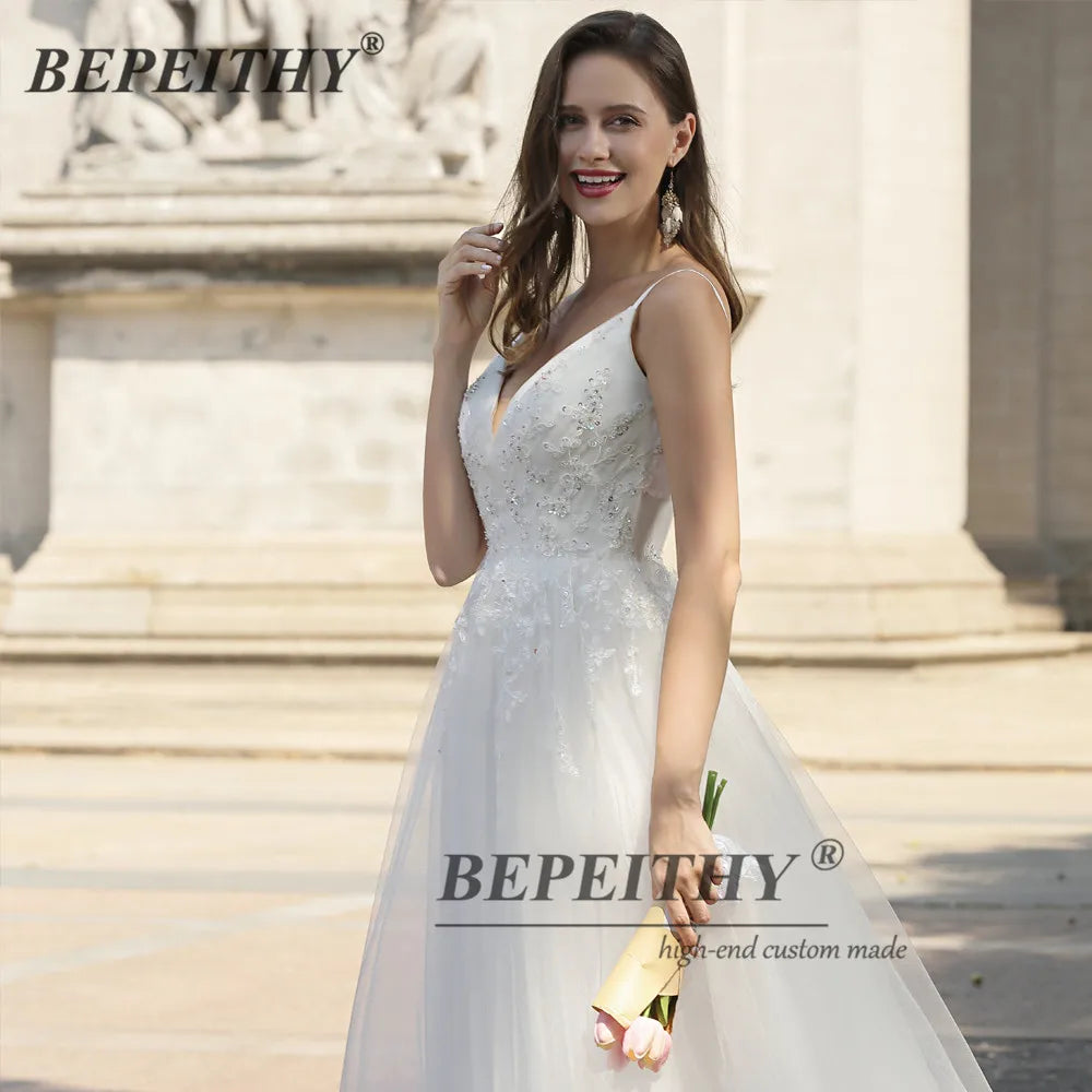 BEPEITHY Vestidos De Novia A Line Beach Wedding Dresses For Women Sleeveless V Neck Lace Boho New Bridal Gown Cвадебное платье