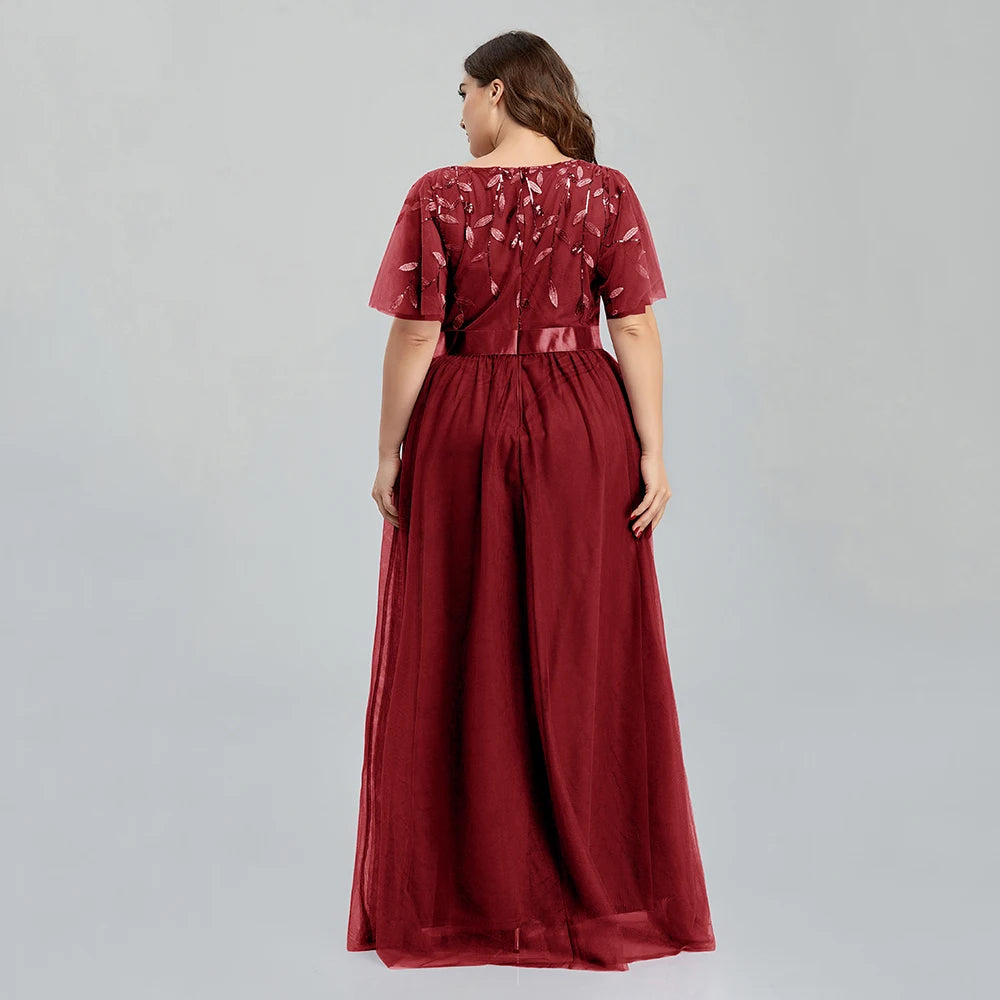 Robe de soirée grande taille en maille A-Line à paillettes brodées, robe de bal longue à feuilles avec manches pour robe de mariée 2022