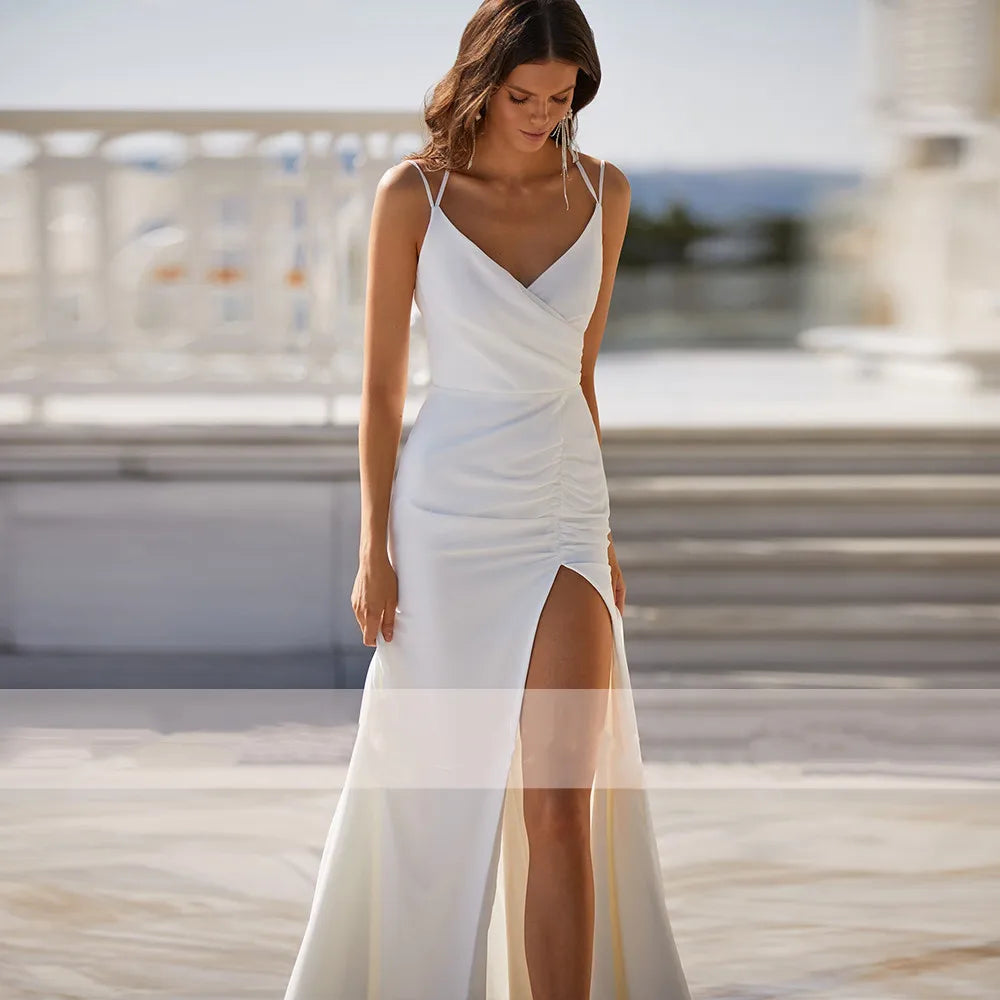 Simple White Wedding Dress V-Neck Spaghetti Strap Soft Satin Backless Side Slit Bridal Gown Floor Length Modern Vestido De Novia