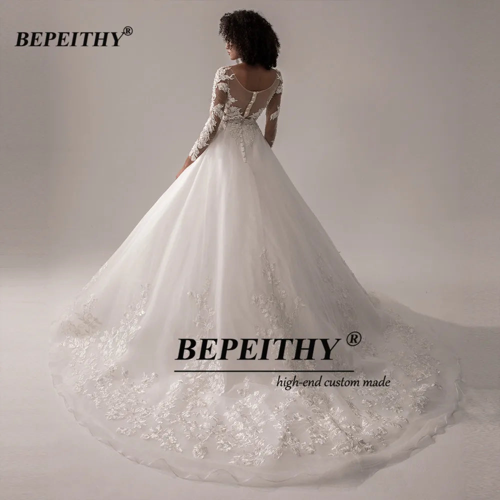 BEPEITHY Lace Wedding Dress 2022 Ball Gown Bridal Scoop Glittler Princess Ivory Long Sleeves Wedding Dresses For Bride New